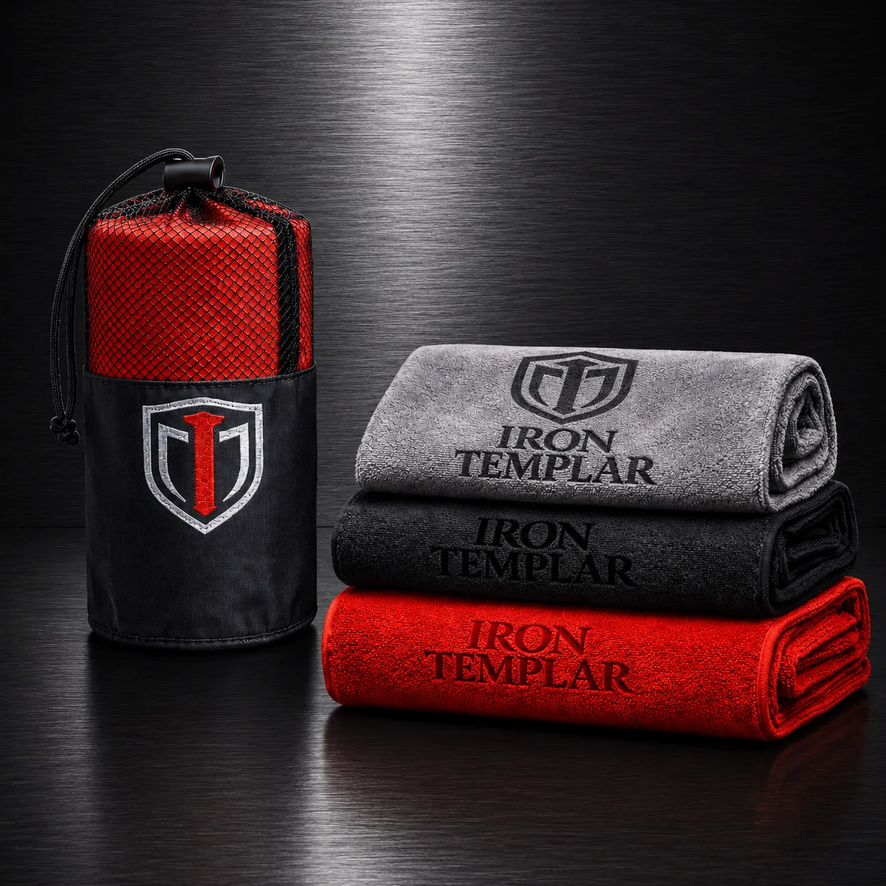 Iron Templar Microfiber Gym Towels 3-Pack - Quick Dry Workout Towels in Grey, Black, and Red with Pouch