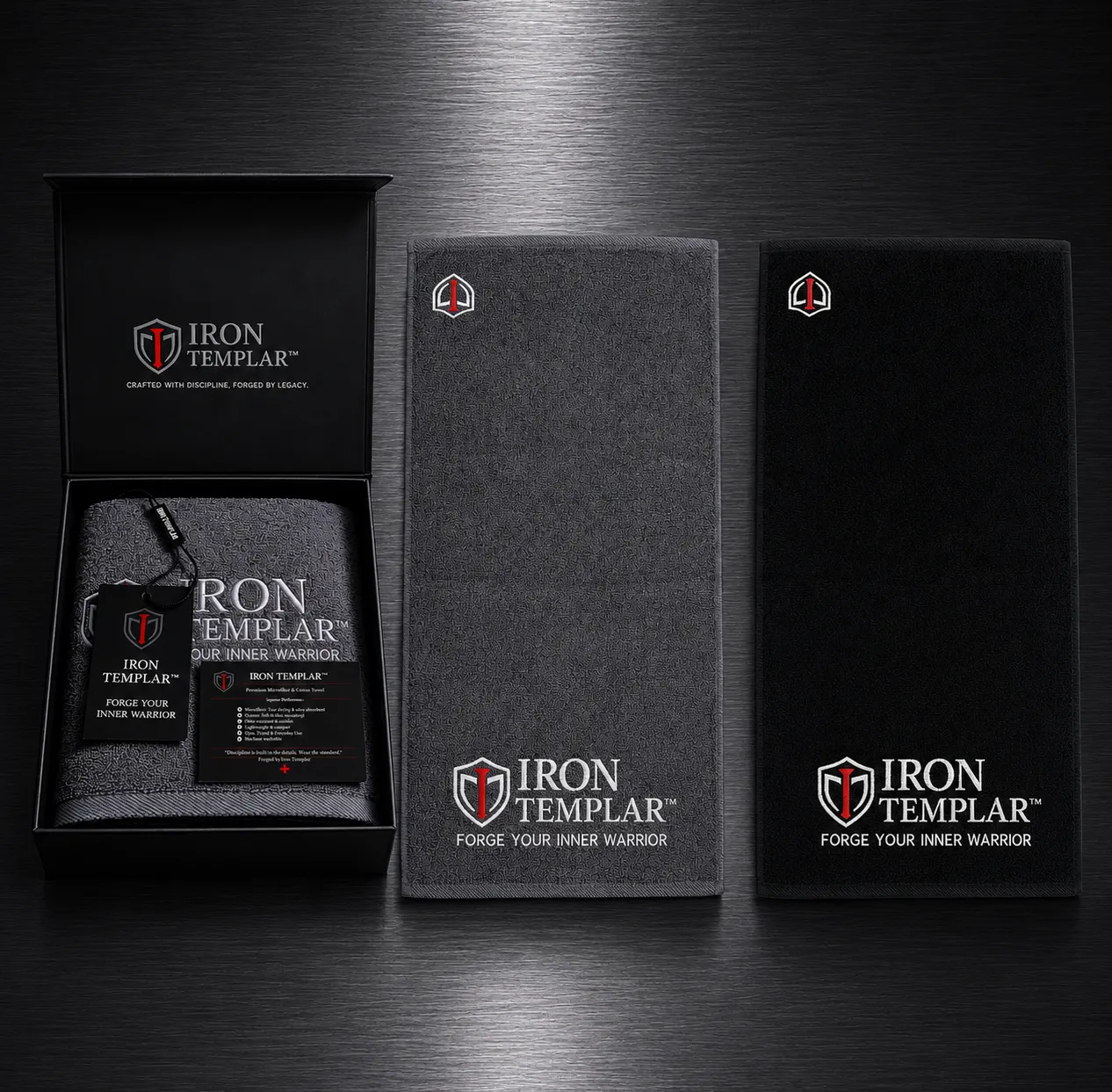 Iron Templar Premium Gym Towels with Gift Box - Luxury Grey and Black Microfiber Workout Towels