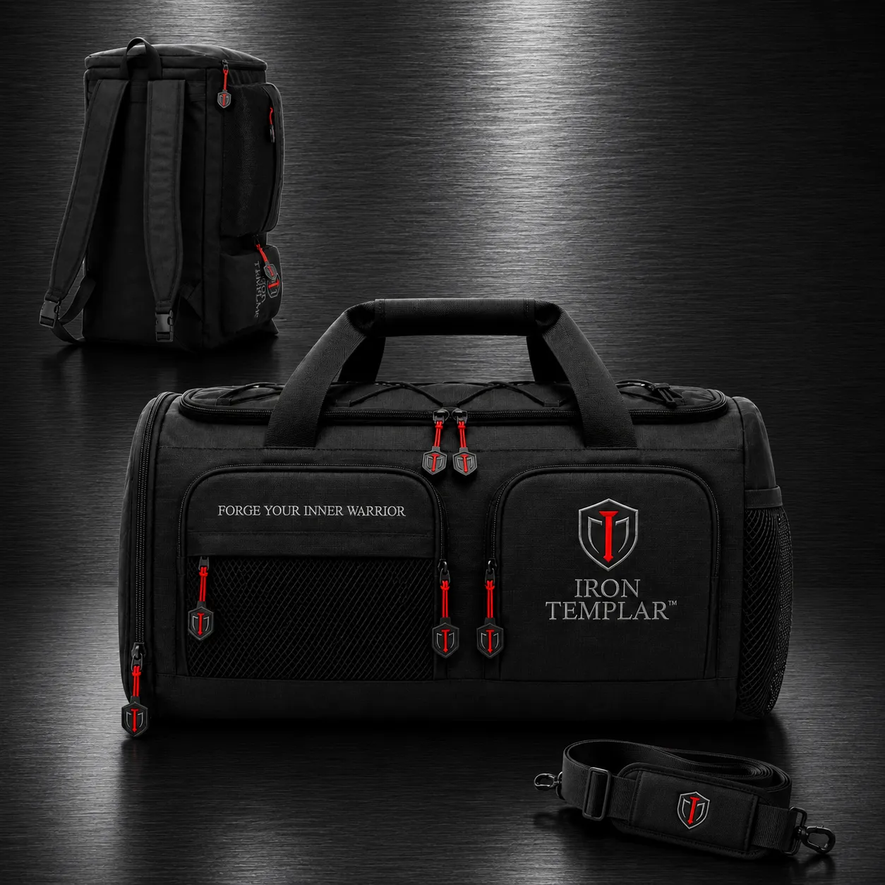 Iron Templar Gym Bag - Heavy Duty Convertible Backpack Duffel Bag with Red Zippers