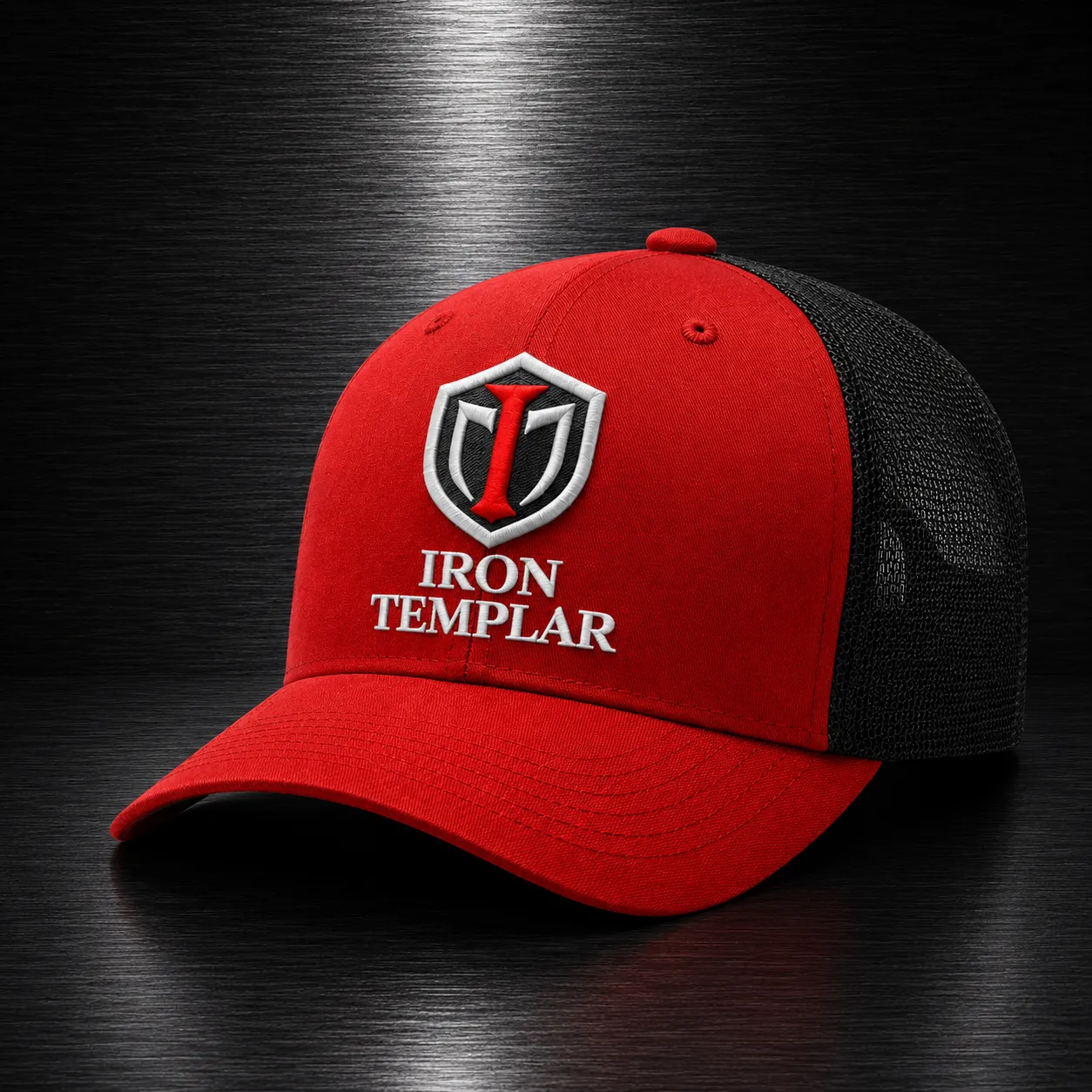 Iron Templar Red & Black Trucker Cap - Premium Mesh Snapback Hat with Shield & Wordmark Logo