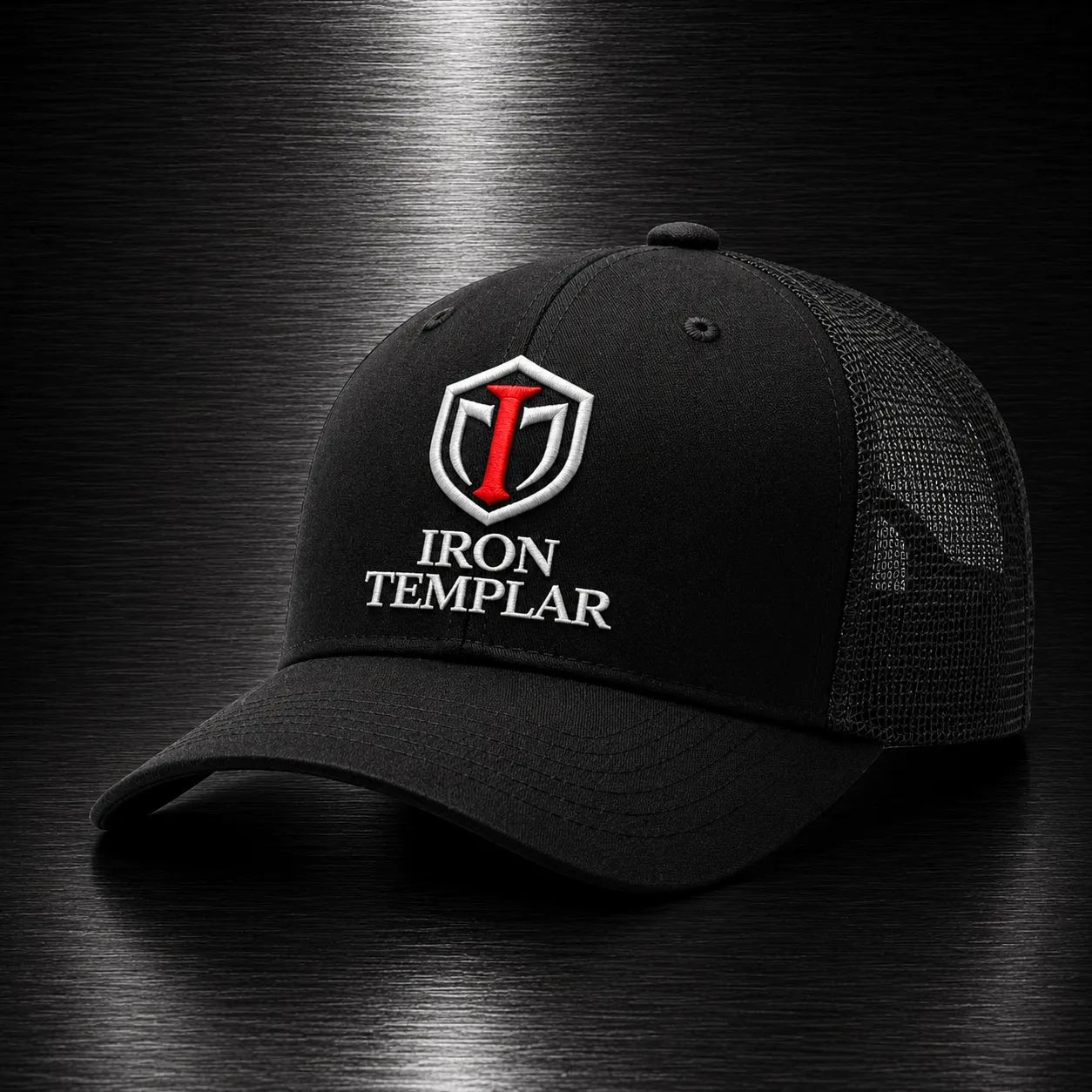Iron Templar Black Trucker Cap - Premium Mesh Snapback Hat with Shield & Wordmark Logo