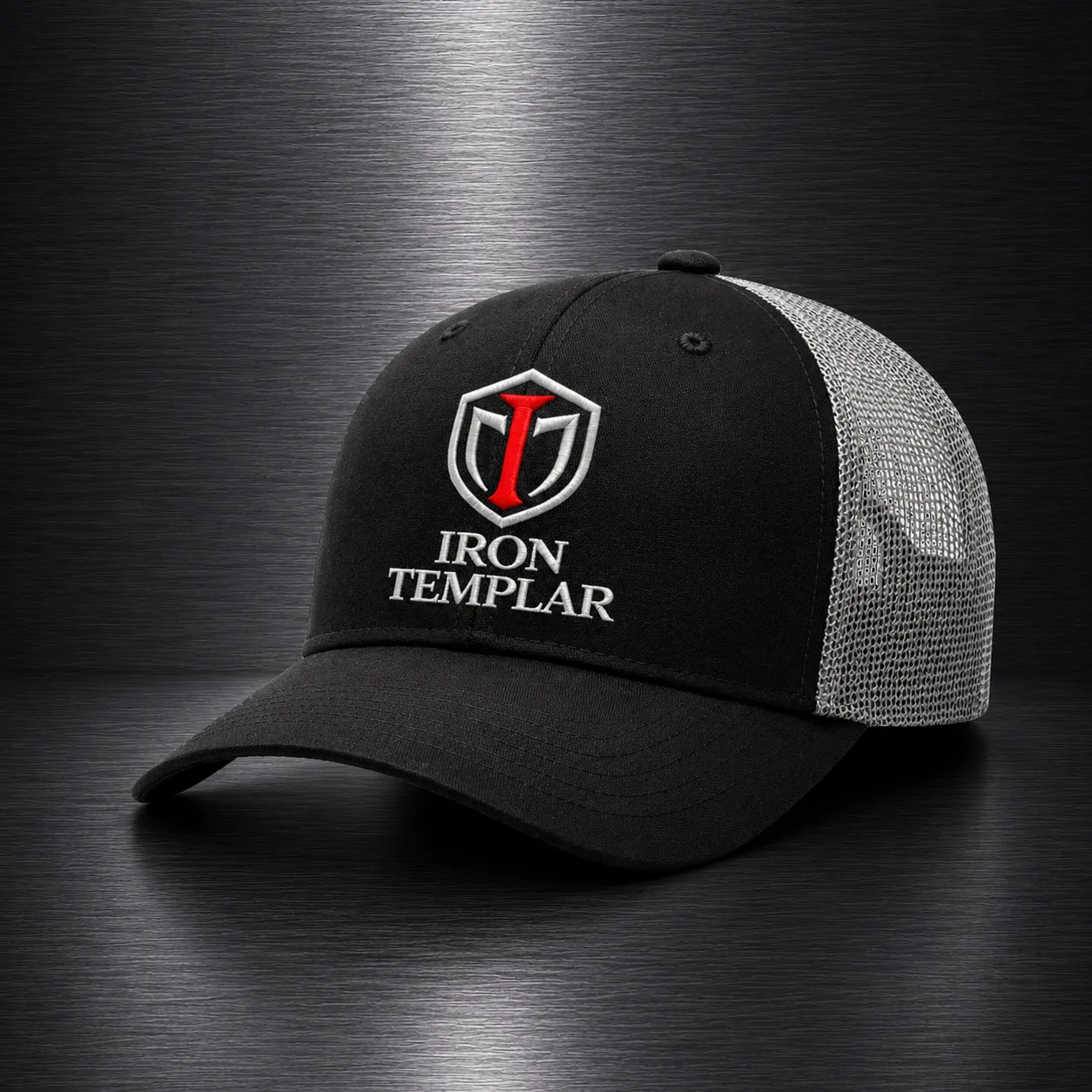 Iron Templar Black & Grey Trucker Cap - Premium Mesh Snapback Hat with Shield & Wordmark Logo
